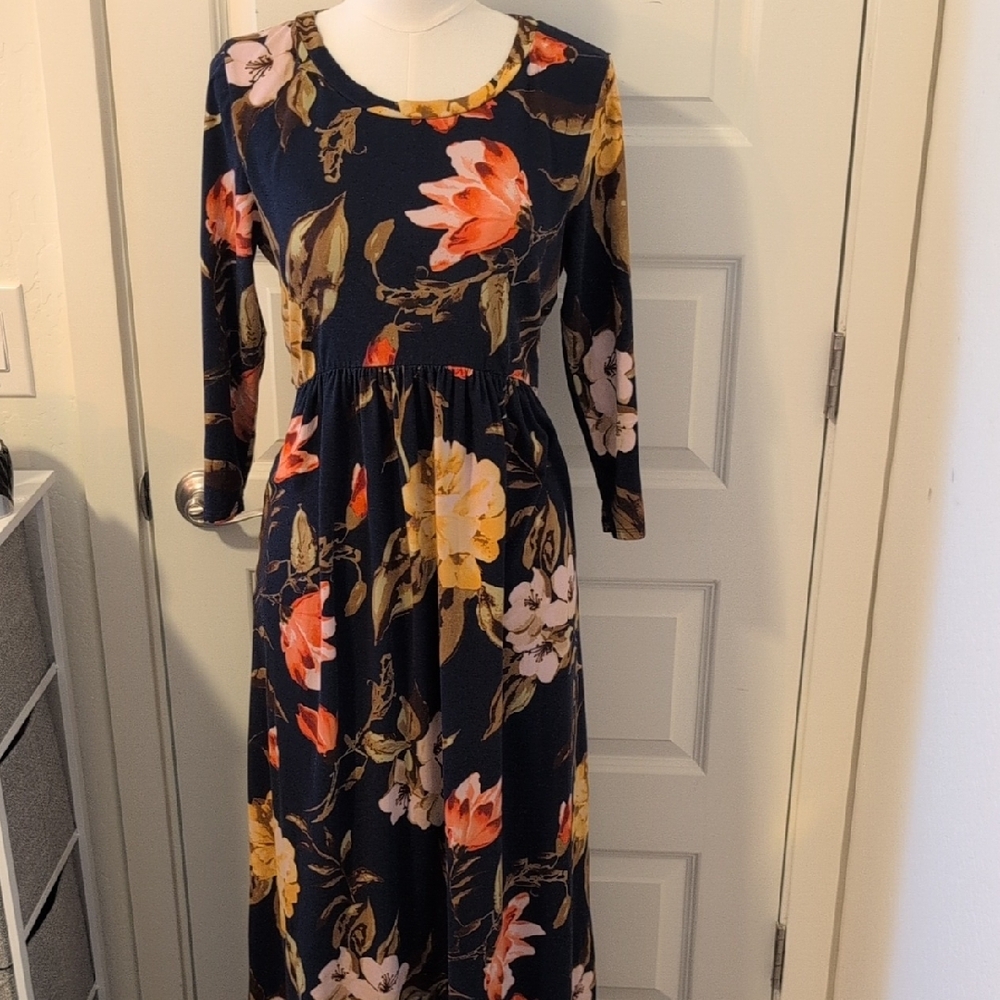 REBORN J Floral 3/4 Sleeve Maxi Dress with Pockets Navy Pink Yellow Size Large